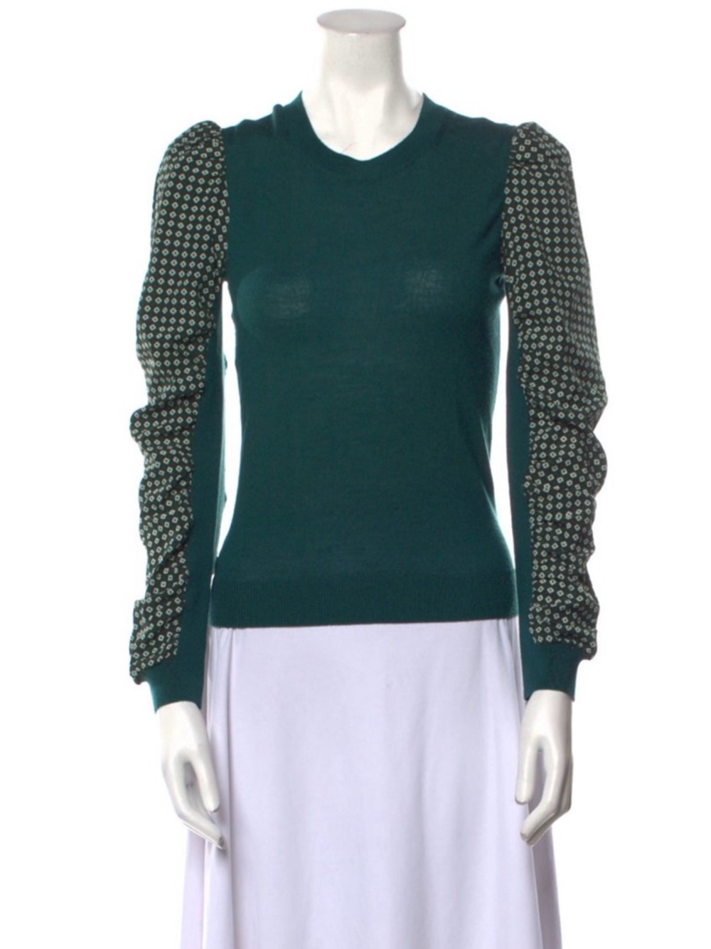 Veronica Beard Green Crewneck Sweater with Patterned Puff Sleeves